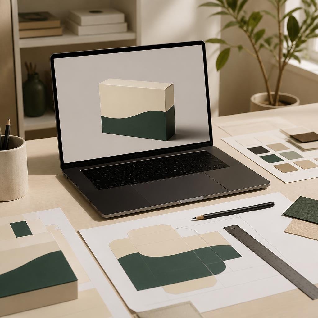 Packaging designer's desk with laptop, dieline and print color samples