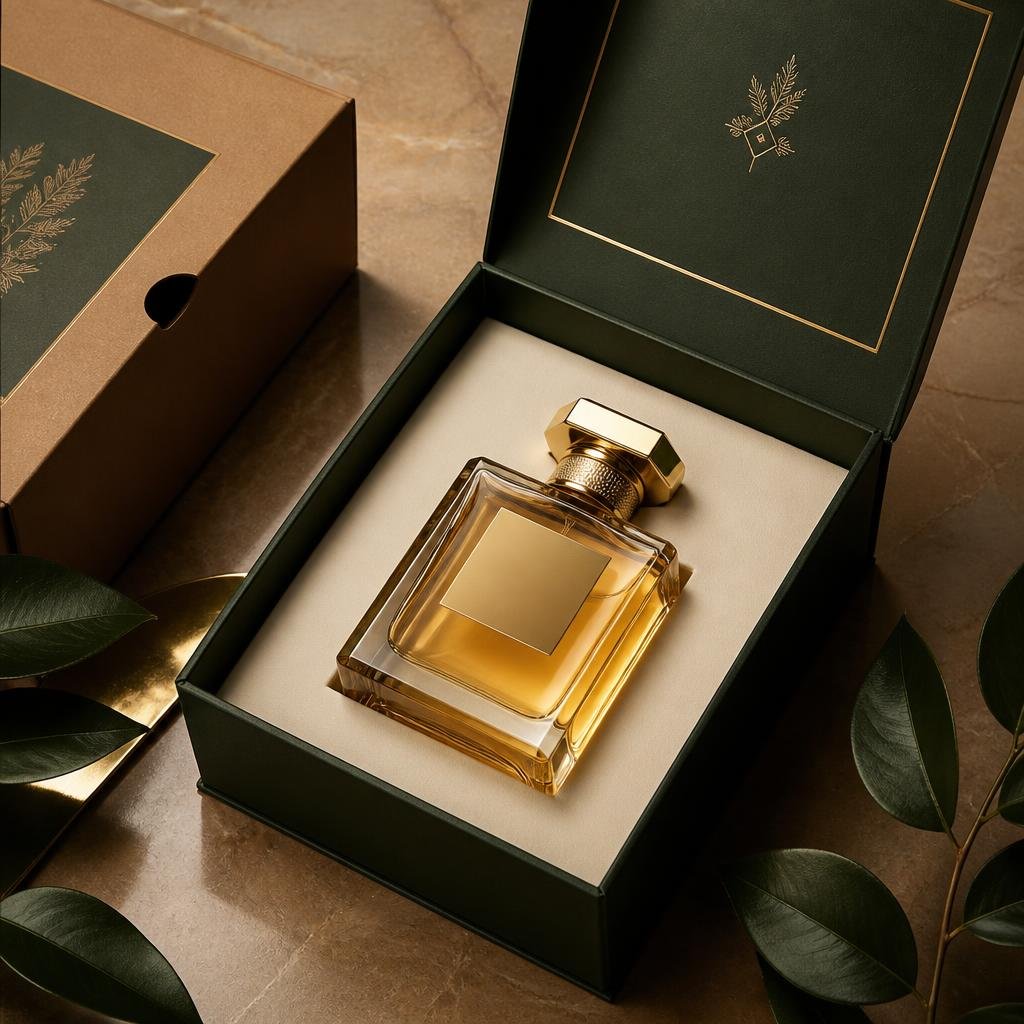 Luxury perfume presentation box with gold detailing
